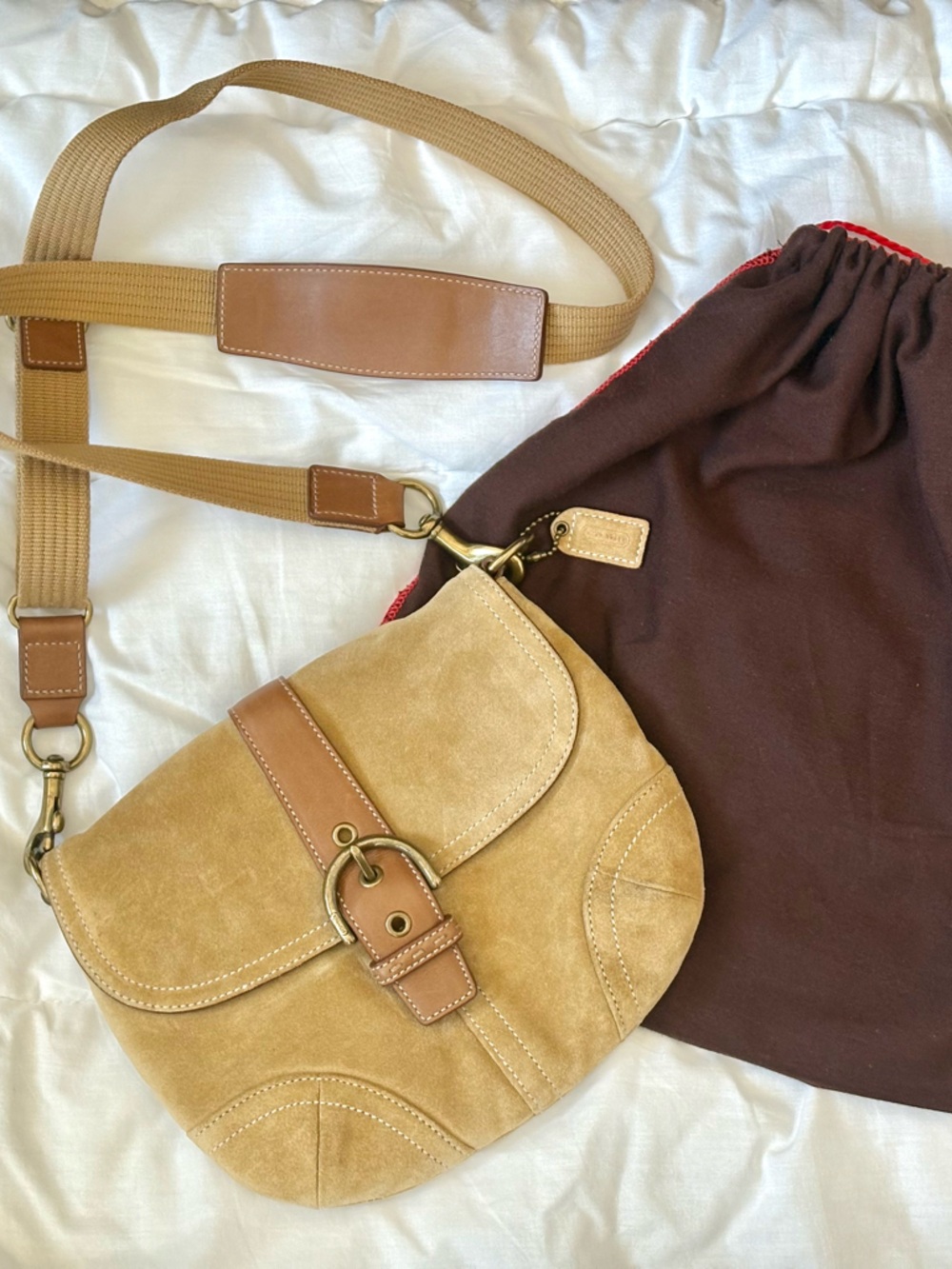 Coach Vintage Suede Saddle Bag Tan Y2K Minimal Buckle Crossbody